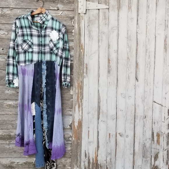 Boho Flannel Shirt Dress Upcycled - Picture 1 of 4